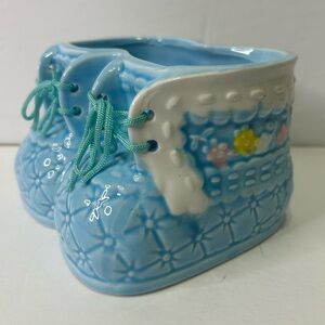 Vintage Blue Ceramic Baby Bootie Planter Vase for Nursery Decor 1990’s